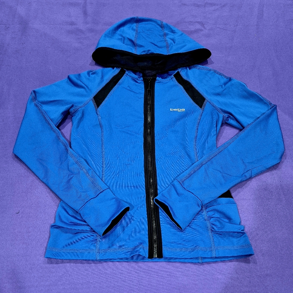 RARE!!Bebe Sport Logo Black Mesh/Royal Blue Hoodie Full Zip Jacket - Small.
